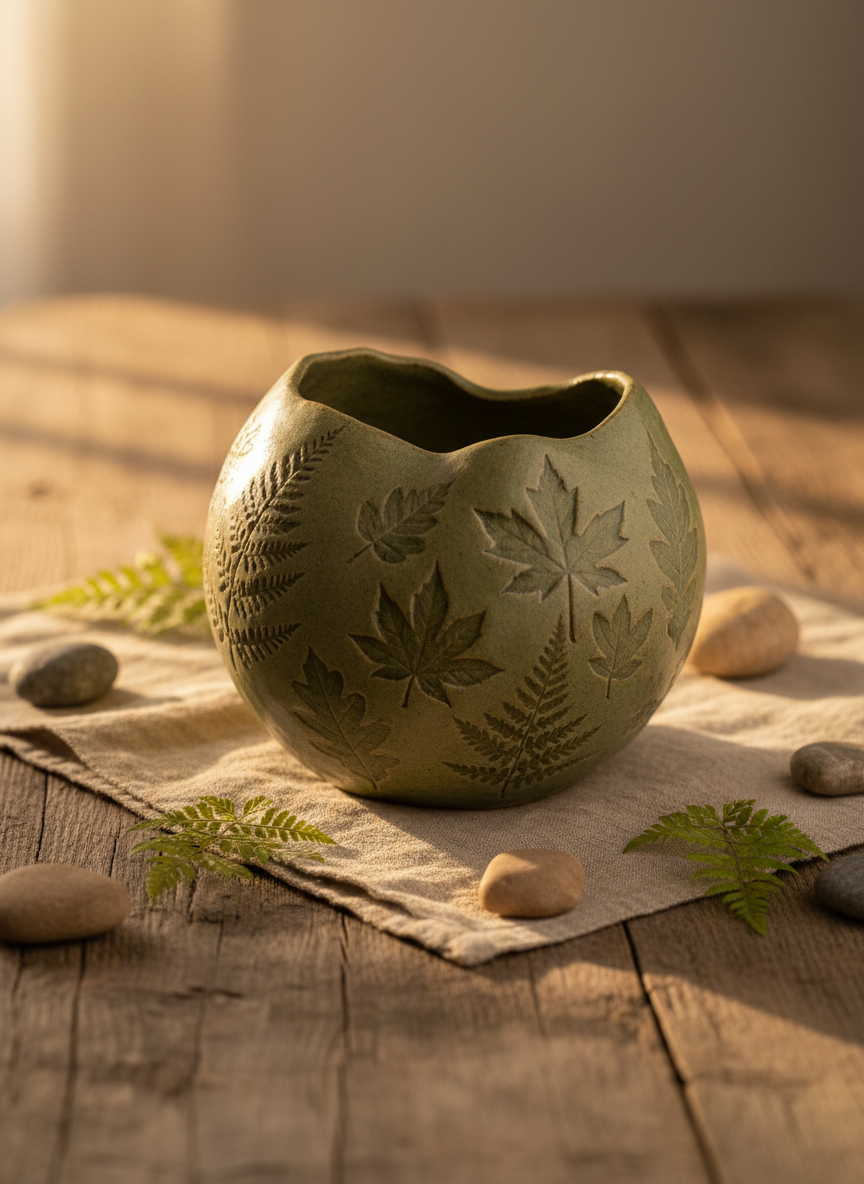 A hand-sculpted ceramic vessel with an irregular, organic shape and a matte, mossy-green glaze, its surface adorned with delicate imprints of real leaves. Set upon a rough linen cloth draped over a weathered wood table, the vessel is surrounded by smooth river stones and wispy ferns. Soft golden hour light enters from the side, casting subtle, elongated shadows that highlight the vessel’s undulating form and textures. Captured at a close-up, three-quarter angle with a shallow depth of field, the composition draws the eye to the interplay of textures. The scene embodies a serene and earthy mood, with a minimalist and naturalistic visual language suitable for a nature-inspired art portfolio.