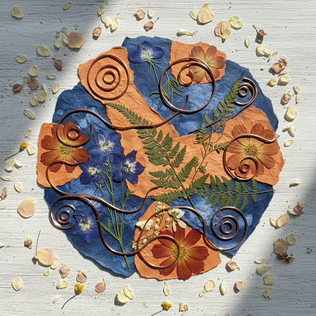 A close-up view of an intuitively created mixed-media collage featuring pressed wildflowers, hand-dyed papers in deep indigo and warm terracotta, and delicate copper wire forming spirals reminiscent of vines. Displayed flat on a pale wooden surface scattered with tiny dried petals, the piece is lit by soft morning sunlight filtering in from above, creating glimmers of light on copper and gentle highlights on textured papers. Shot from directly overhead, the composition centers on the organic movement within the collage, emphasizing both detail and flow. The overall feeling is one of subtle wonder and nature-infused creativity, communicating the artist's deep bond with the natural world.